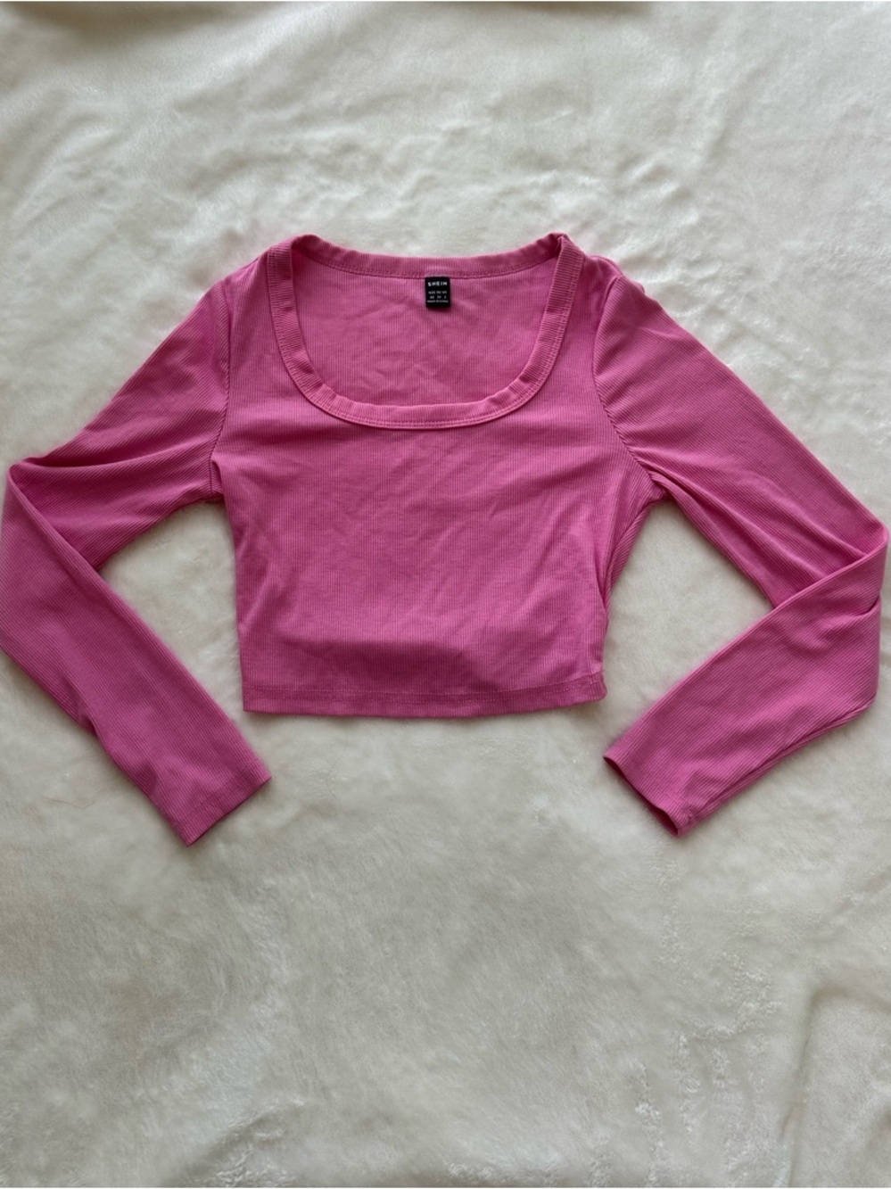SHEIN Hot Pink Ribbed Scoop Neck Long-Sleeve Crop Top